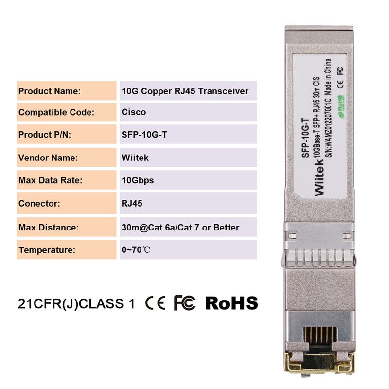 Wiitek 10Gb SFP+ to RJ45 Modules, 1.25G/2.5G/5G/10GBase-T Ethernet to SFP+ Transceiver Compatible for Cisco SFP-10G-T-X, Ubiquiti, Netgear AXM766, Mikrotik S+RJ10, Unifi (Cat 6a/7 or Better, 30-Meter) - Image 3